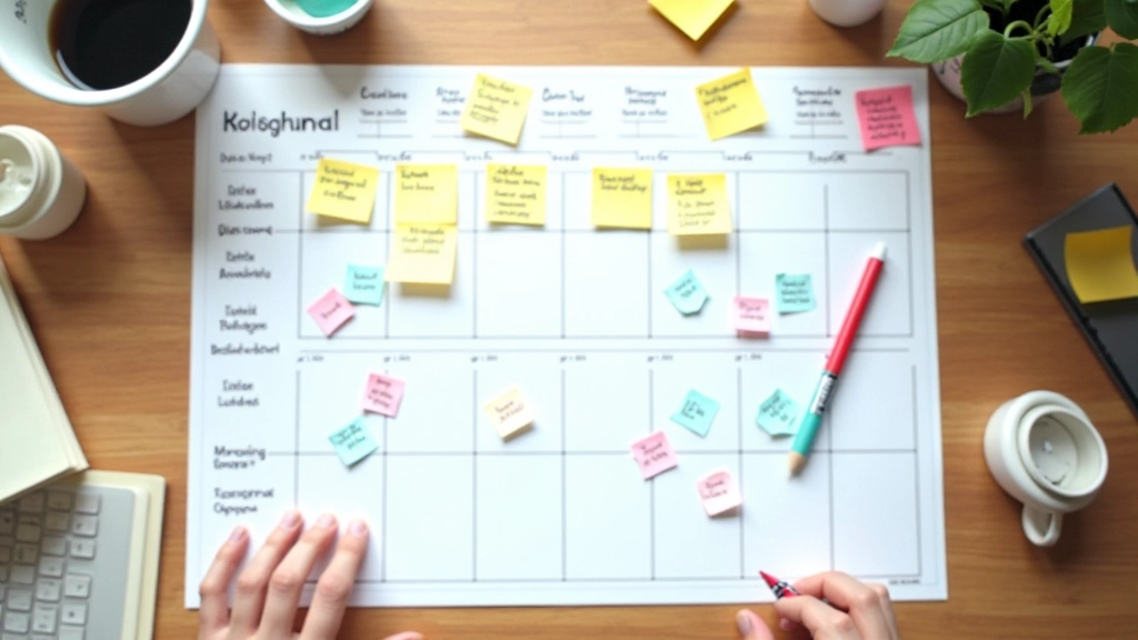Gedetailleerde planning met gekleurde stickers en tijdlijnen op groot bureauplan