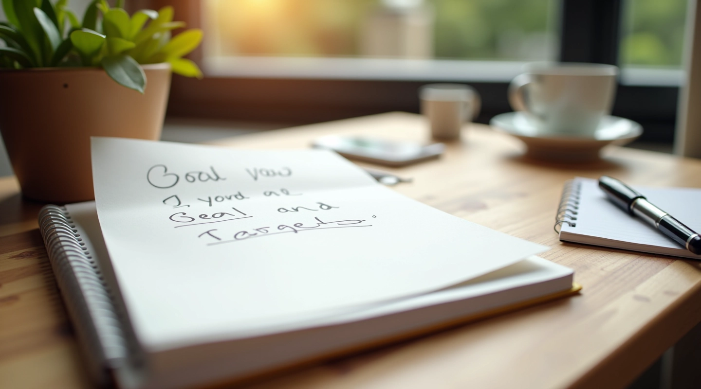 Notebook met handgeschreven doelen naast pen en kopje koffie op bureau