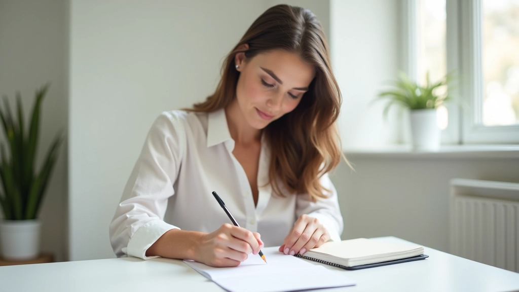 Vrouw werkt aan doelplanning met stappendagboek op schoon bureau