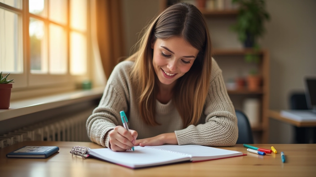 Persoon die voortgangsnota's in een dagboek schrijft met kleurrijke markers