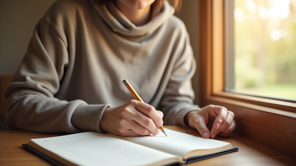 Persoon schrijft reflecties in notitieboek bij raam met koffie