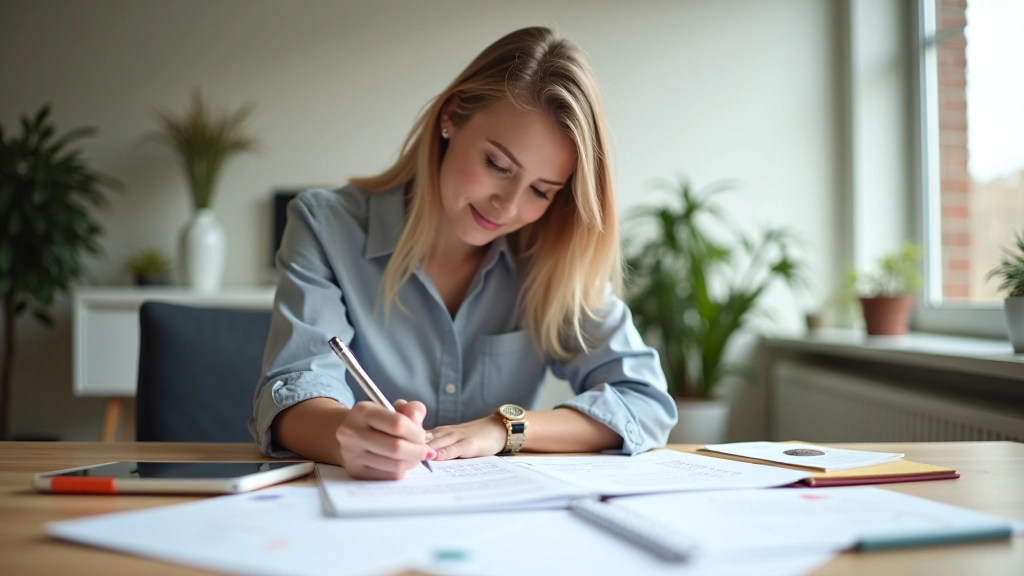 Vrouw schrijft planning in agenda op ergonomisch bureau met planningstools